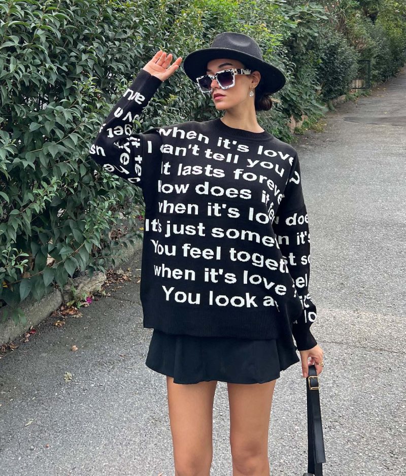 5861-Letter Graphic Drop Shoulder Knit Sweater - Görsel 3