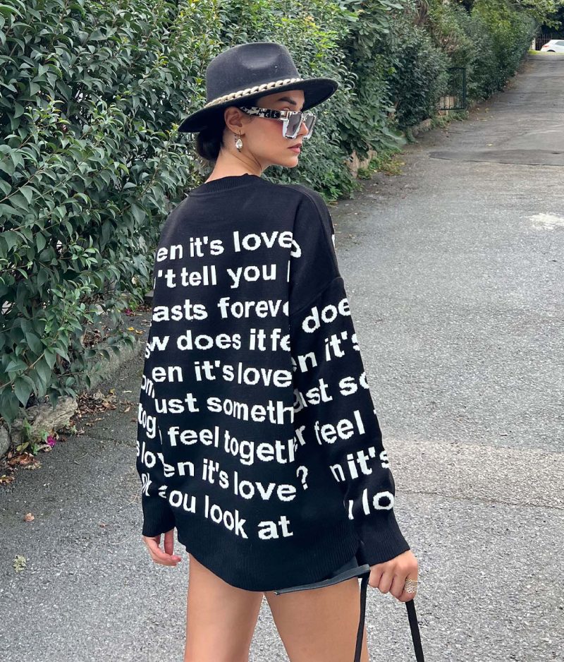 5861-Letter Graphic Drop Shoulder Knit Sweater - Görsel 5