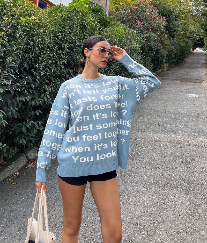 5861-Letter Graphic Drop Shoulder Knit Sweater - Görsel 2