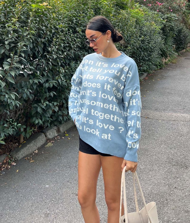 5861-Letter Graphic Drop Shoulder Knit Sweater - Görsel 4