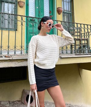 6058-Solid Open Knit Drop Shoulder Sweater Without Bra