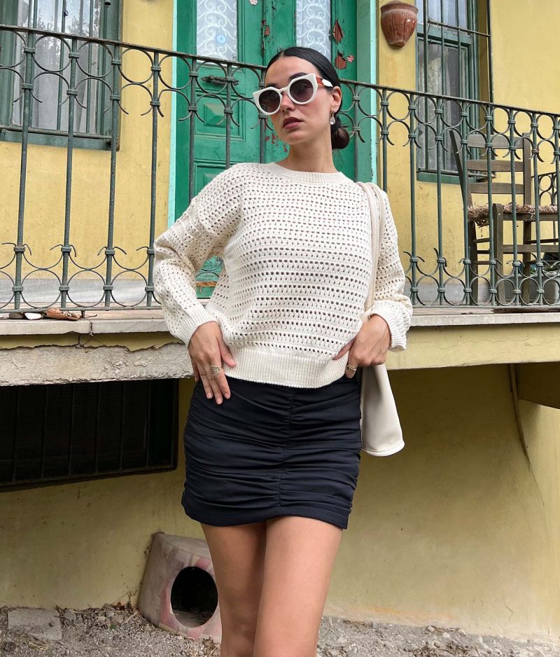 6058-Solid Open Knit Drop Shoulder Sweater Without Bra - Görsel 2