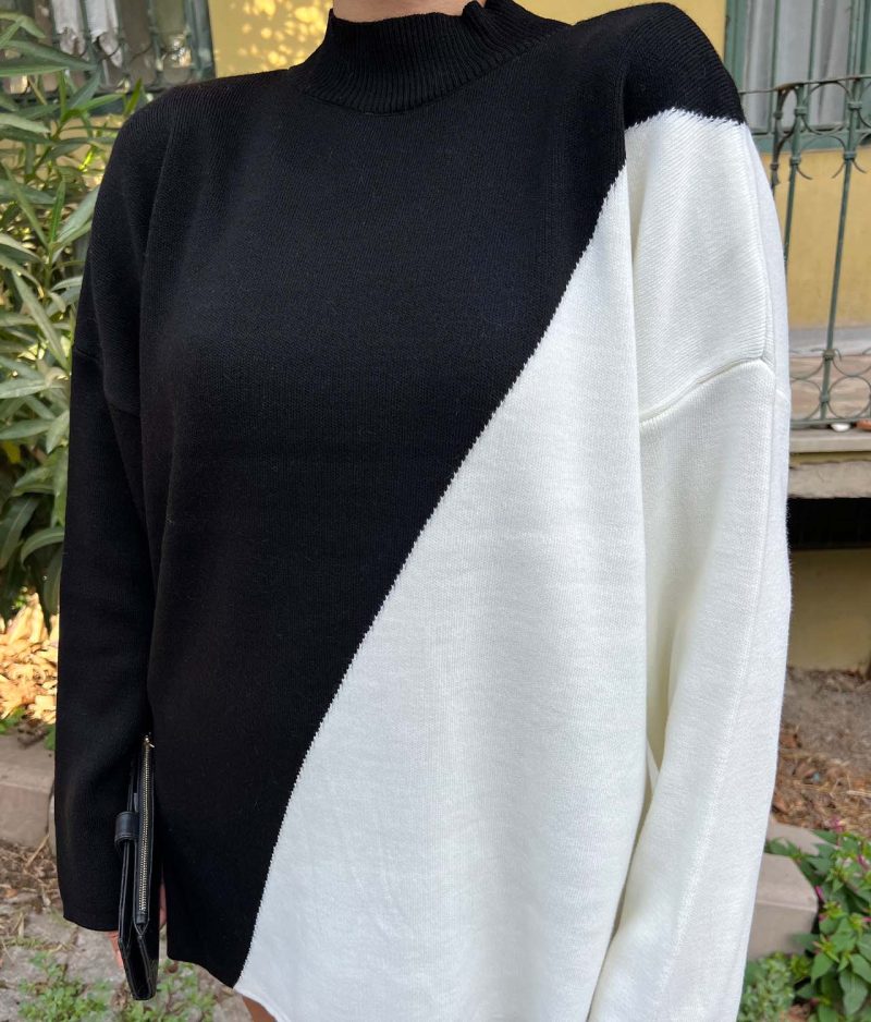 6519-Two Tone Wrap Cross Wrap Front Mockneck Sweater - Görsel 4