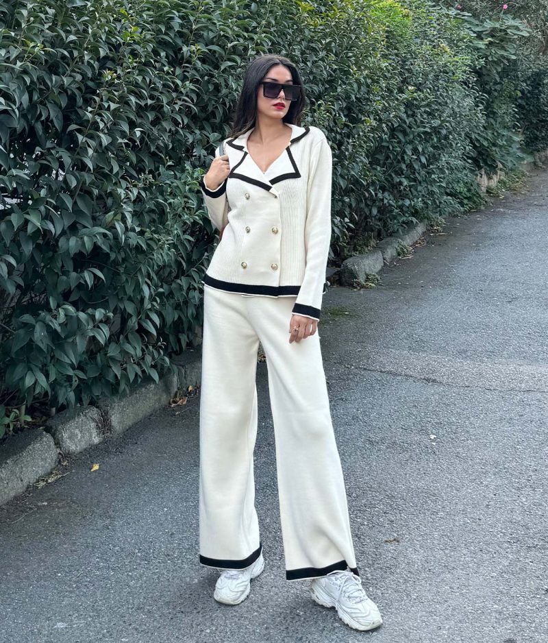 6520-Double Breasted Knitwear Jacket and Knit Pants - Görsel 2