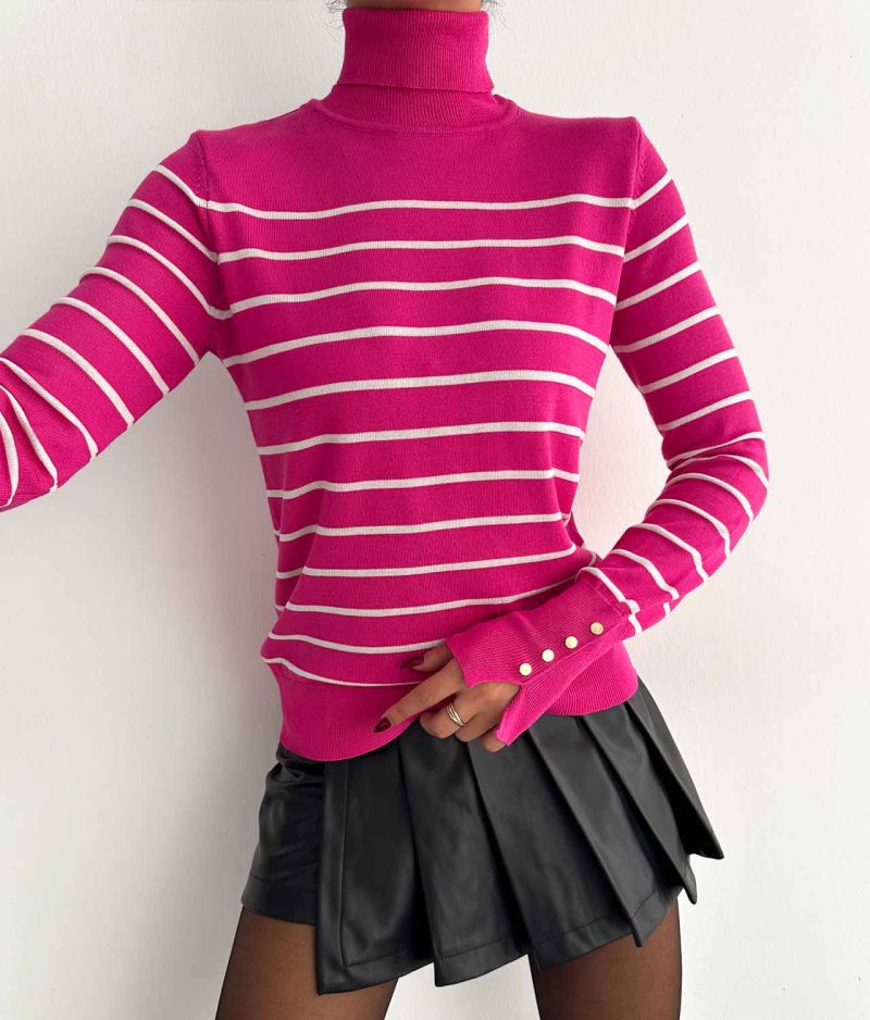 2204-Button Decorated Striped Pattern Ribbed Turtleneck Knit Sweater - Görsel 2