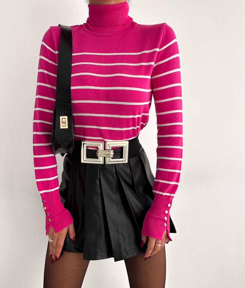 2204-Button Decorated Striped Pattern Ribbed Turtleneck Knit Sweater