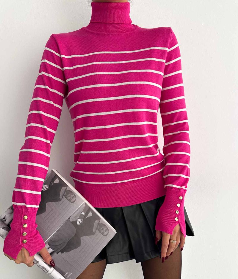 2204-Button Decorated Striped Pattern Ribbed Turtleneck Knit Sweater - Görsel 3