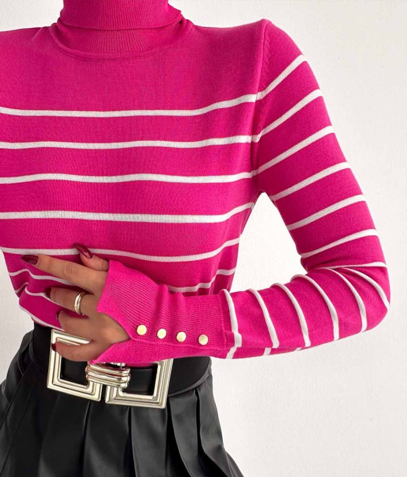 2204-Button Decorated Striped Pattern Ribbed Turtleneck Knit Sweater - Görsel 4