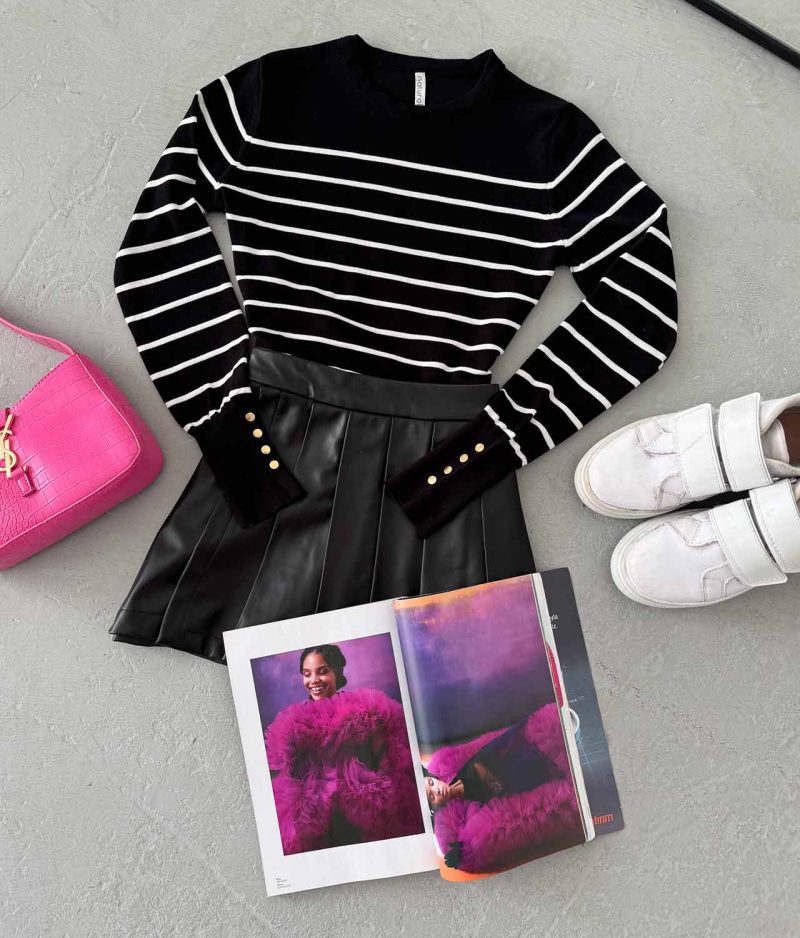 2205-Button Decorated Striped Pattern Ribbed Crew Neck Knit Sweater - Görsel 4