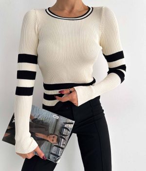3178-Striped Pattern Ribbed Crew Neck Long Sleeve Knit Sweater