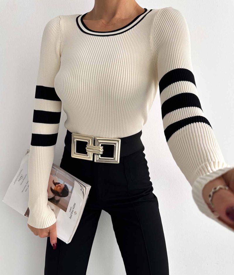 3178-Striped Pattern Ribbed Crew Neck Long Sleeve Knit Sweater - Görsel 3