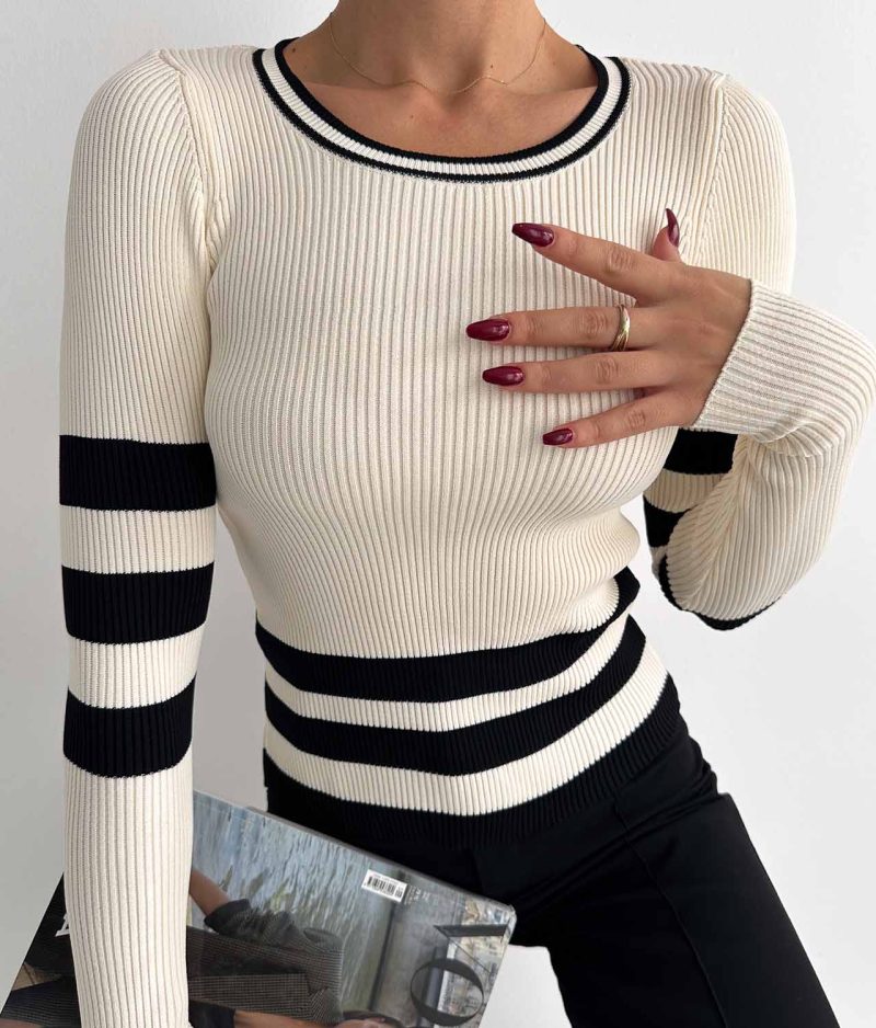 3178-Striped Pattern Ribbed Crew Neck Long Sleeve Knit Sweater - Görsel 4