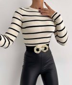6521-Striped Crew Neck Long Sleeve Knit Crop Sweater