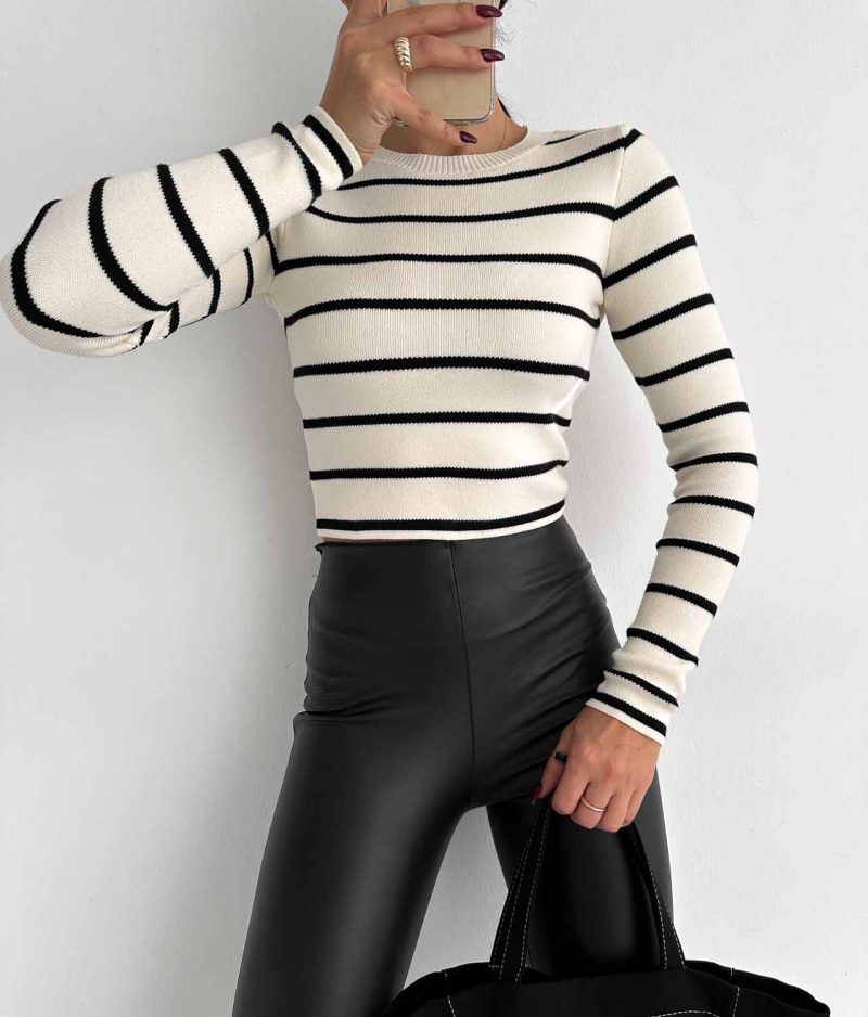 6521-Striped Crew Neck Long Sleeve Knit Crop Sweater - Görsel 2