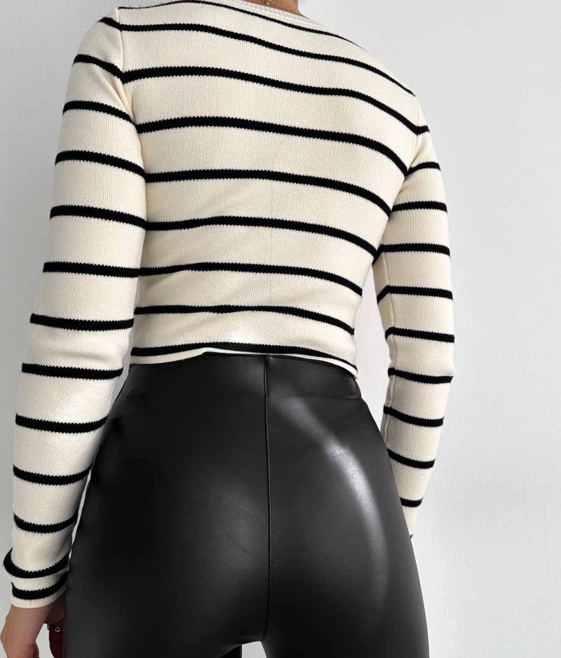 6521-Striped Crew Neck Long Sleeve Knit Crop Sweater - Görsel 4