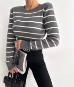 6522-Striped Crew Neck Long Sleeve Sweater