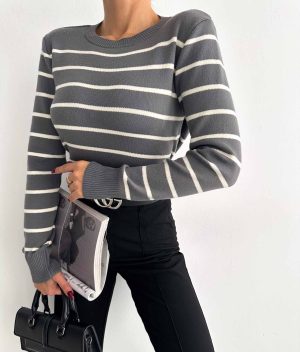 6522-Striped Crew Neck Long Sleeve Sweater