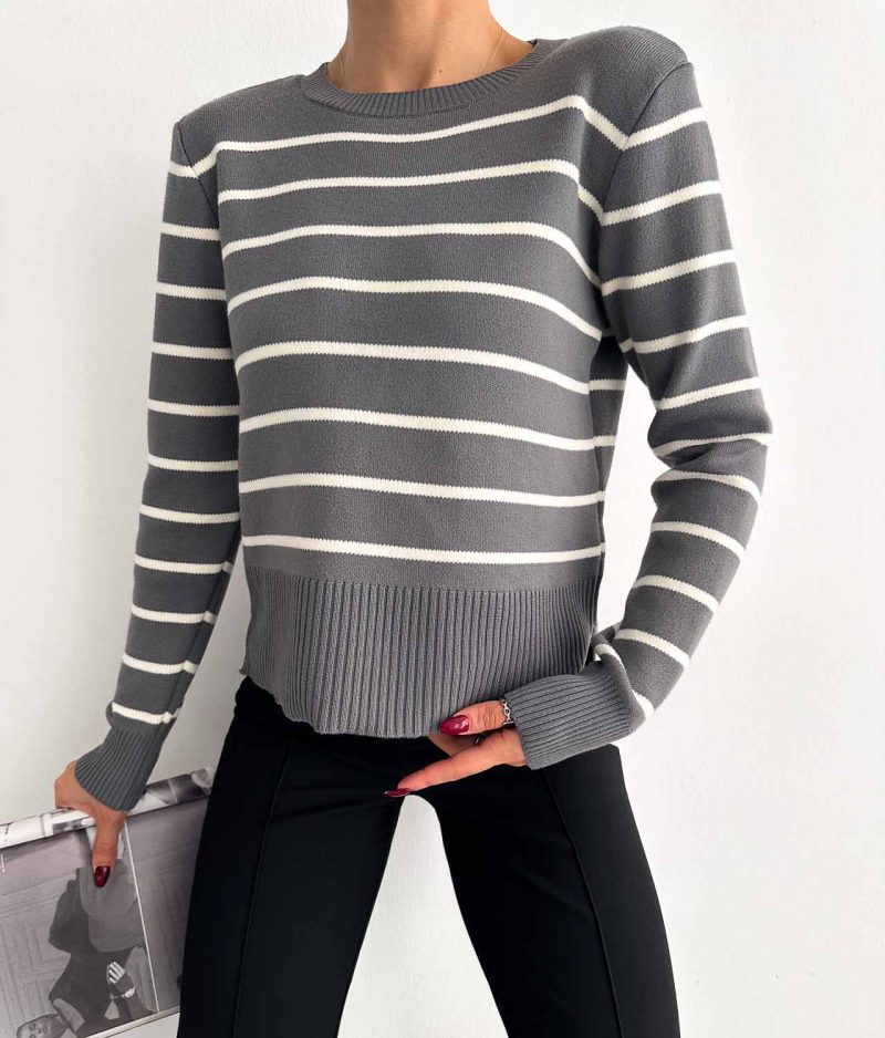 6522-Striped Crew Neck Long Sleeve Sweater - Görsel 2