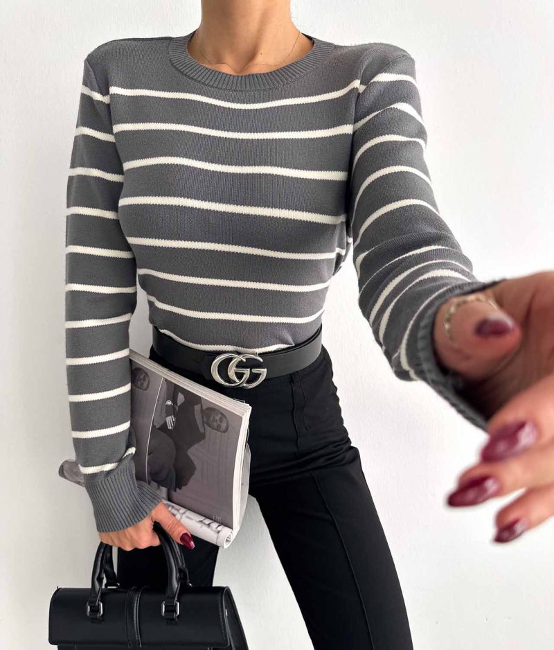 6522-Striped Crew Neck Long Sleeve Sweater - Görsel 3