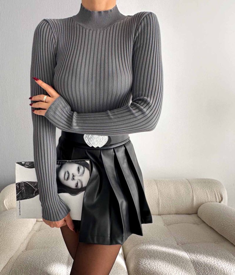 6523-Slim Fit Ribbed Mock Neck Knit Sweater - Görsel 2
