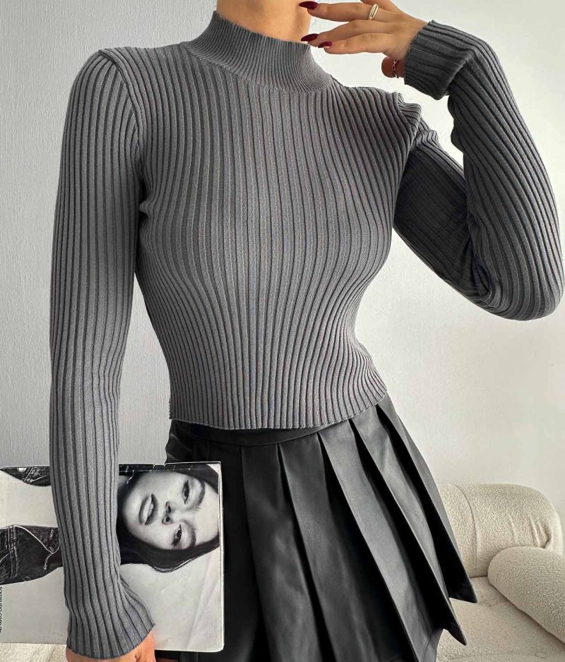 6523-Slim Fit Ribbed Mock Neck Knit Sweater - Görsel 3