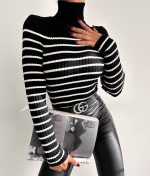6524-Striped Slim Fit Ribbed Turtleneck Knit Sweater
