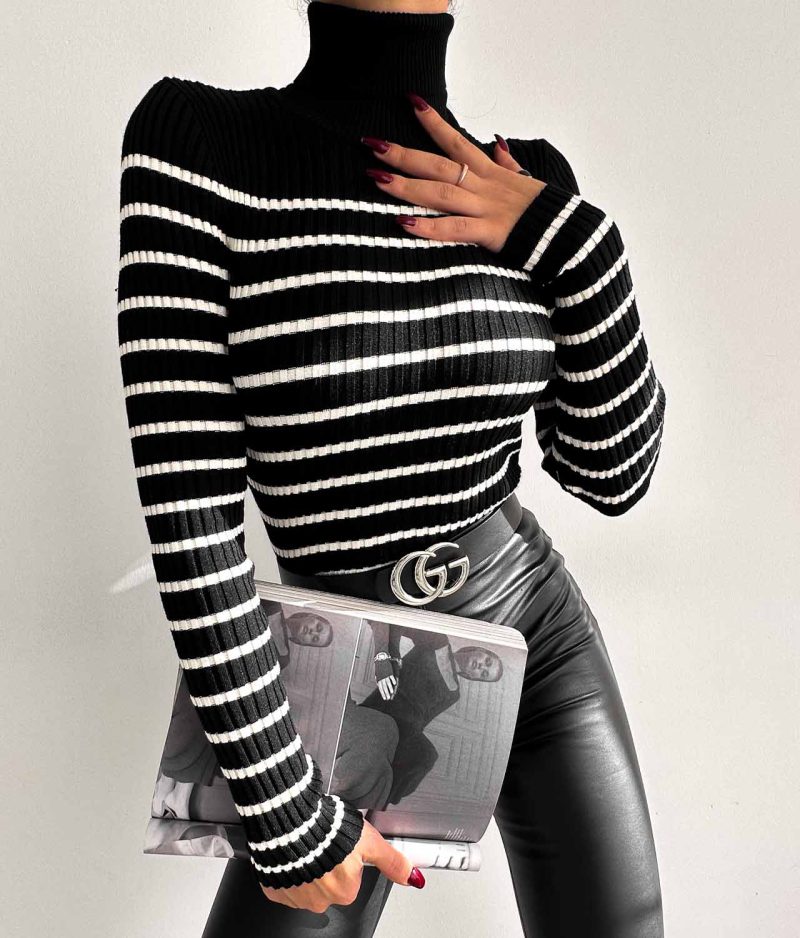 6524-Striped Slim Fit Ribbed Turtleneck Knit Sweater
