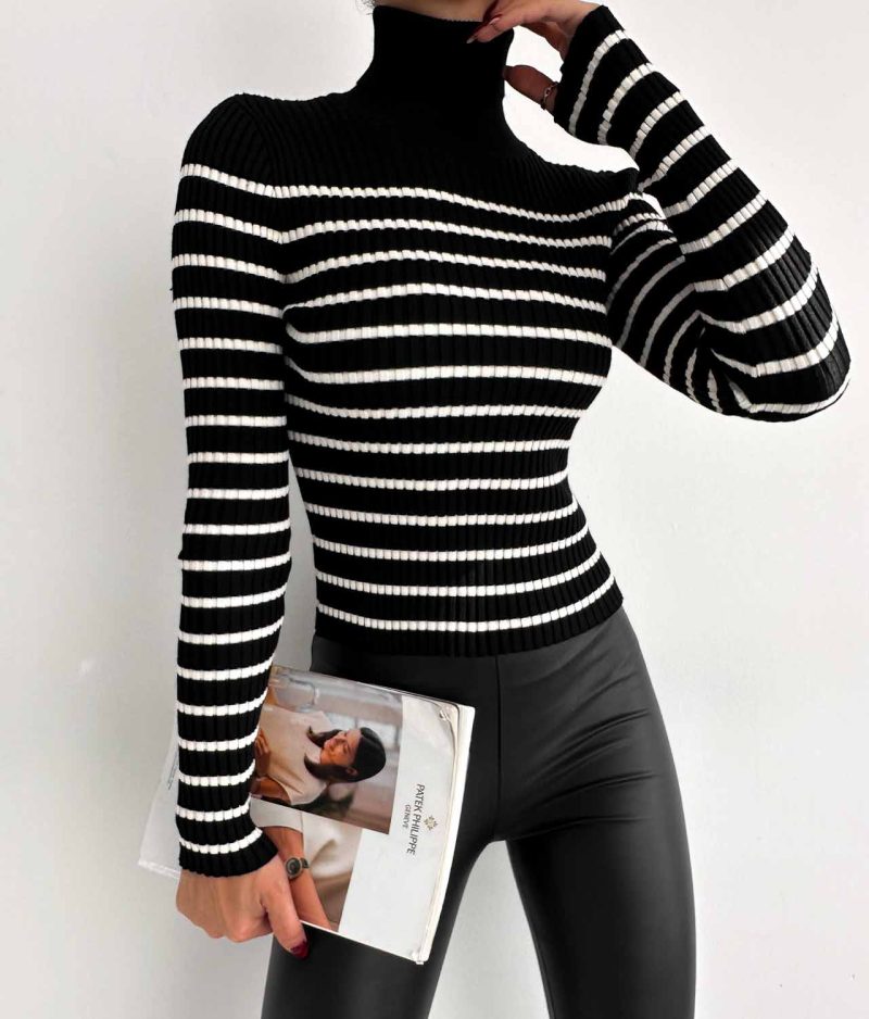 6524-Striped Slim Fit Ribbed Turtleneck Knit Sweater - Görsel 3