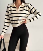 6526-Striped Polo Neck Drop Shoulder Knit Sweater