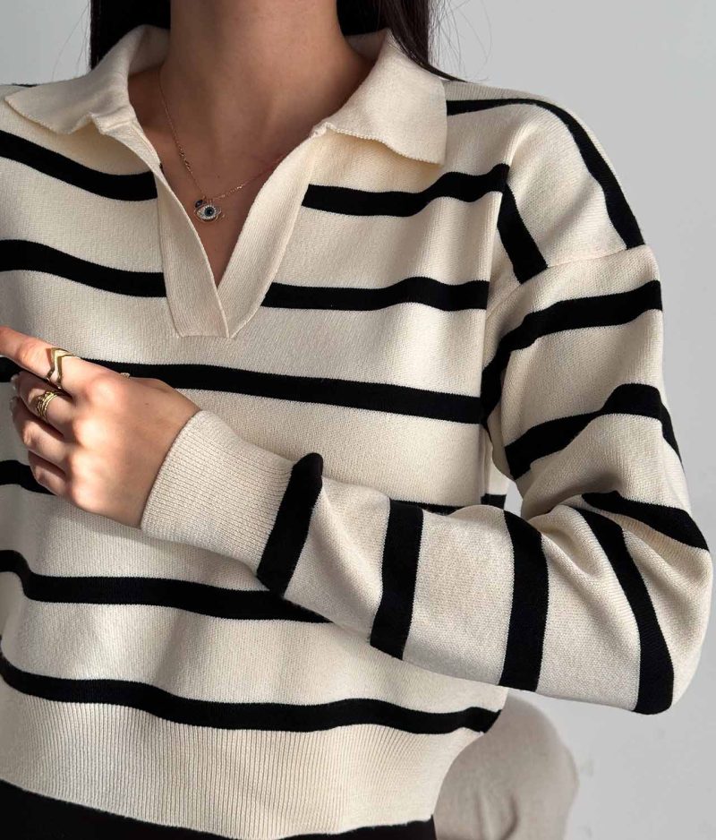 6526-Striped Polo Neck Drop Shoulder Knit Sweater - Görsel 3