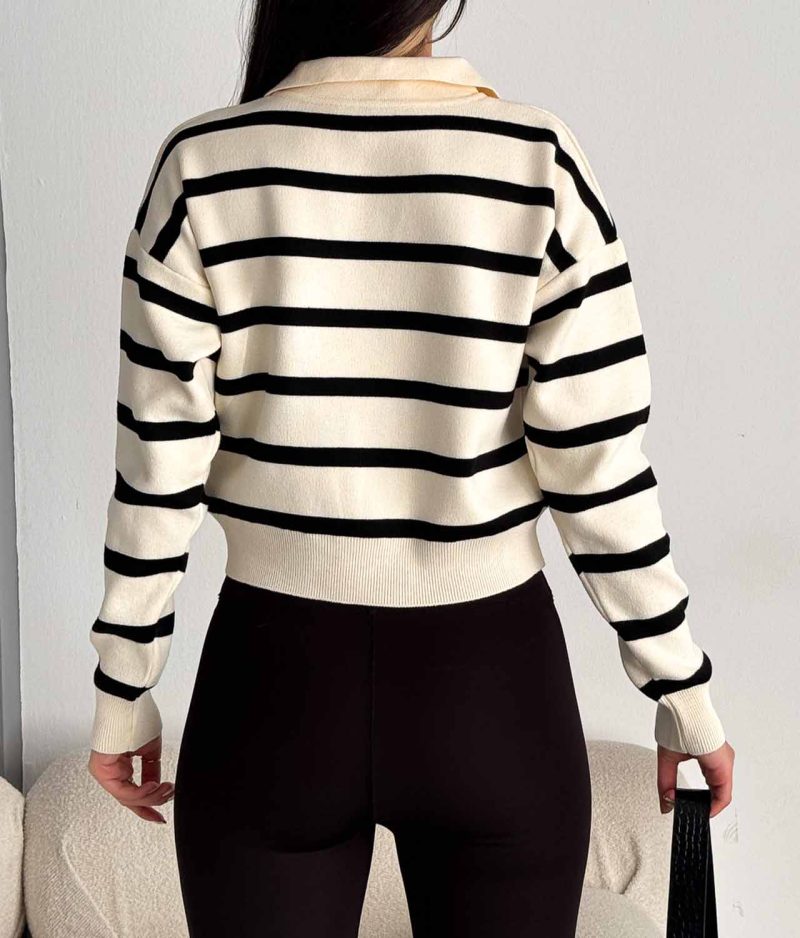 6526-Striped Polo Neck Drop Shoulder Knit Sweater - Görsel 4
