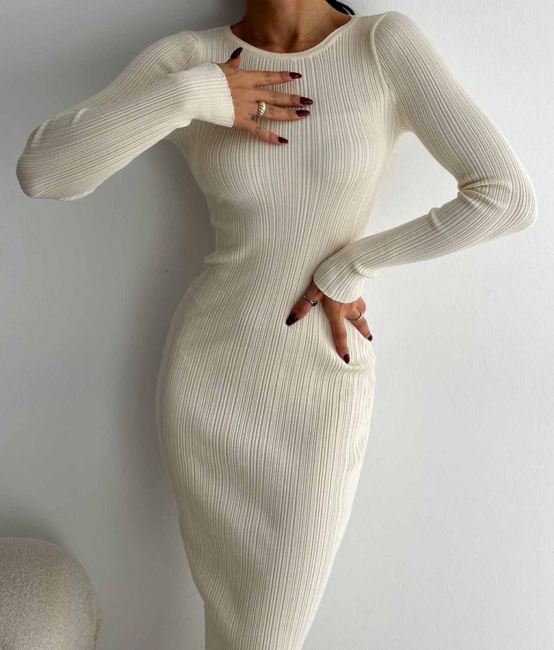 6527-Solid Color Mock Neck Slim Fit Knit Dress