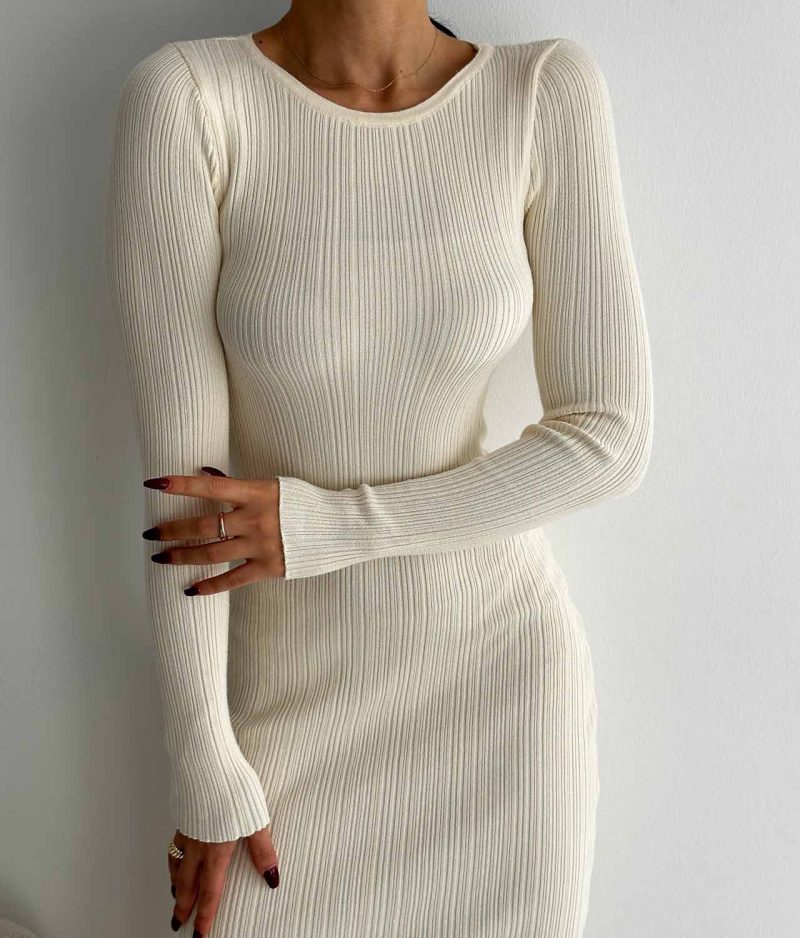 6527-Solid Color Mock Neck Slim Fit Knit Dress - Görsel 4