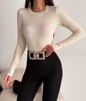 6528-Slim Fit Ribbed Crew Neck Knit Sweater