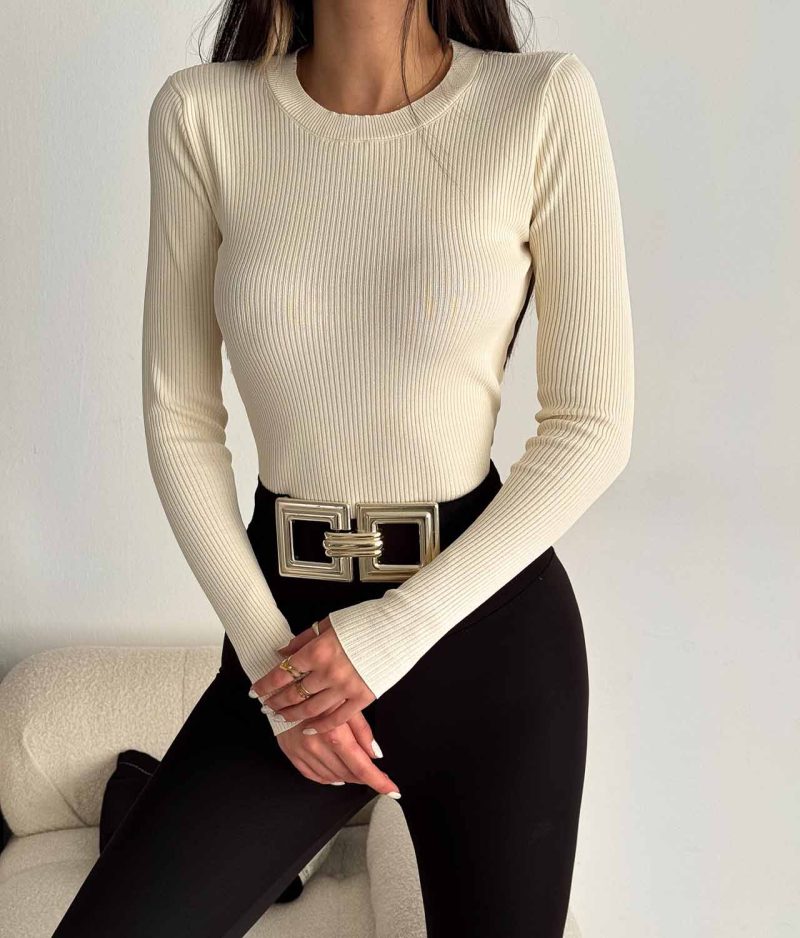 6528-Slim Fit Ribbed Crew Neck Knit Sweater - Görsel 3
