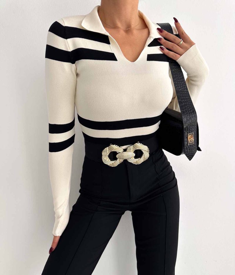 6531-Striped Slim Fit Ribbed Polo Neck Knit Sweater