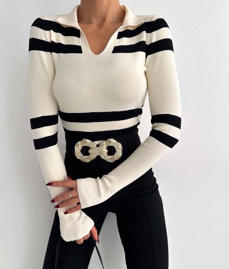 6531-Striped Slim Fit Ribbed Polo Neck Knit Sweater - Image 2