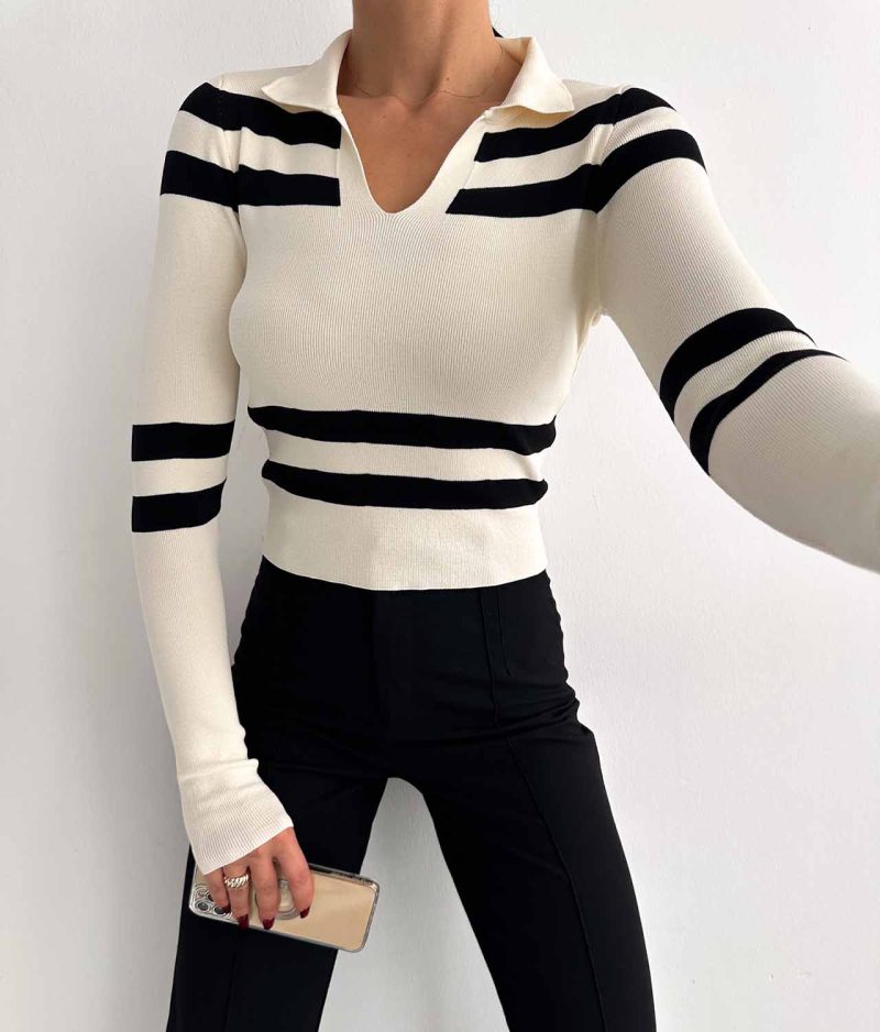 6531-Striped Slim Fit Ribbed Polo Neck Knit Sweater - Image 3