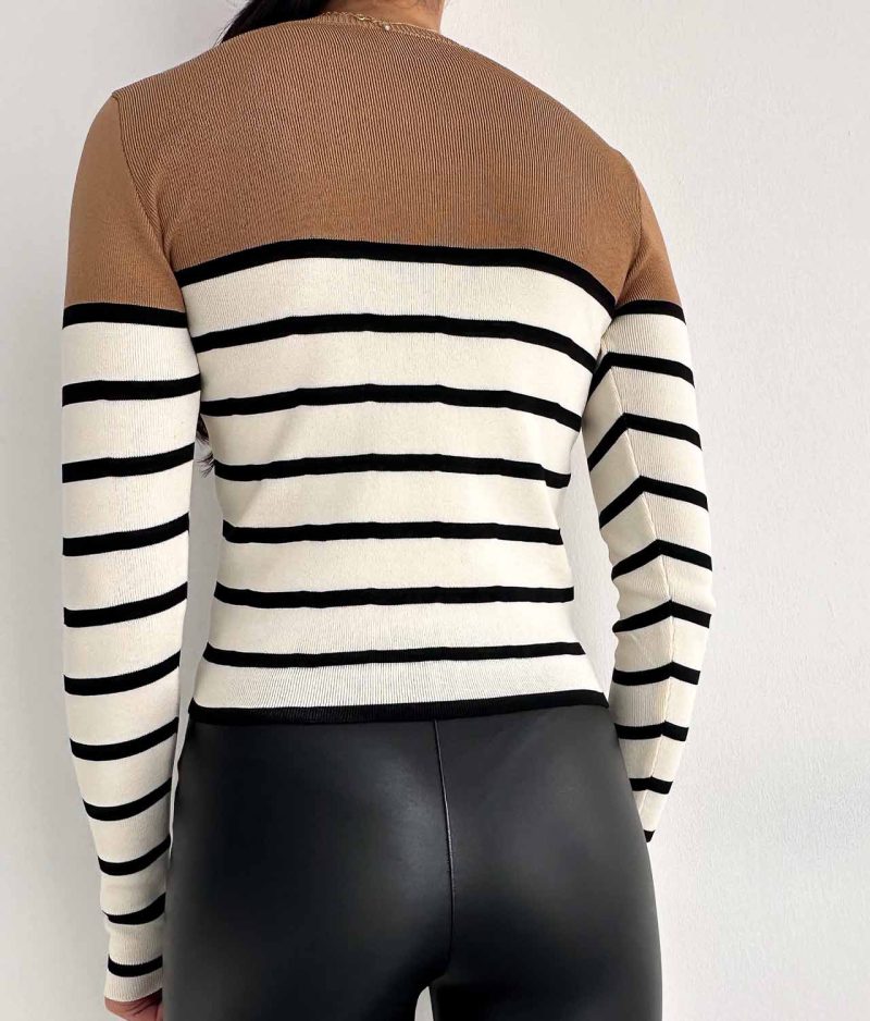 6532-Two Tone Striped Crew Neck Ribbed Knit Sweater - Görsel 4