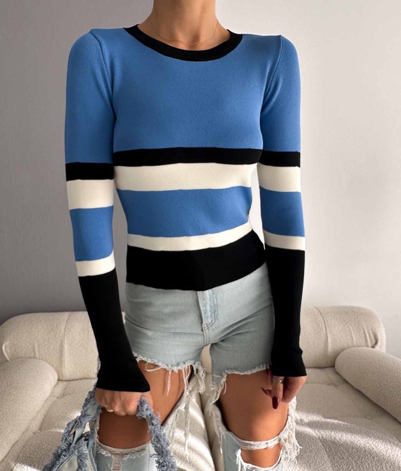 6534-Color Block Stripe Crew Neck Slim Fit Knit Sweater - Görsel 2