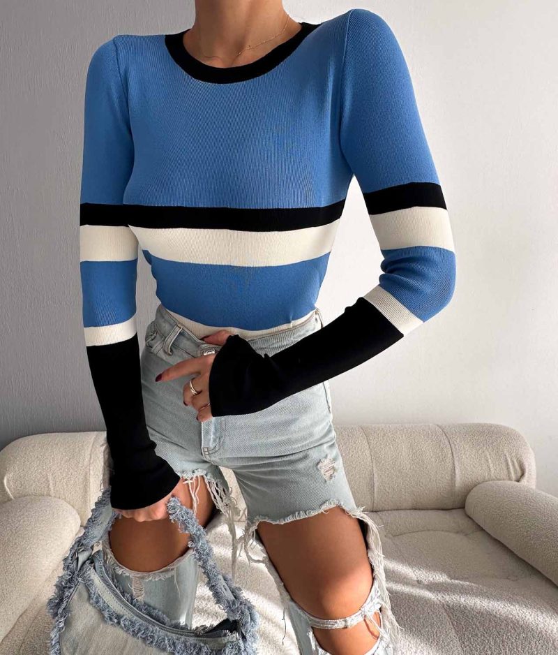 6534-Color Block Stripe Crew Neck Slim Fit Knit Sweater - Görsel 3