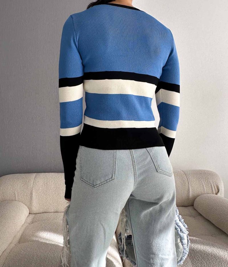 6534-Color Block Stripe Crew Neck Slim Fit Knit Sweater - Görsel 4