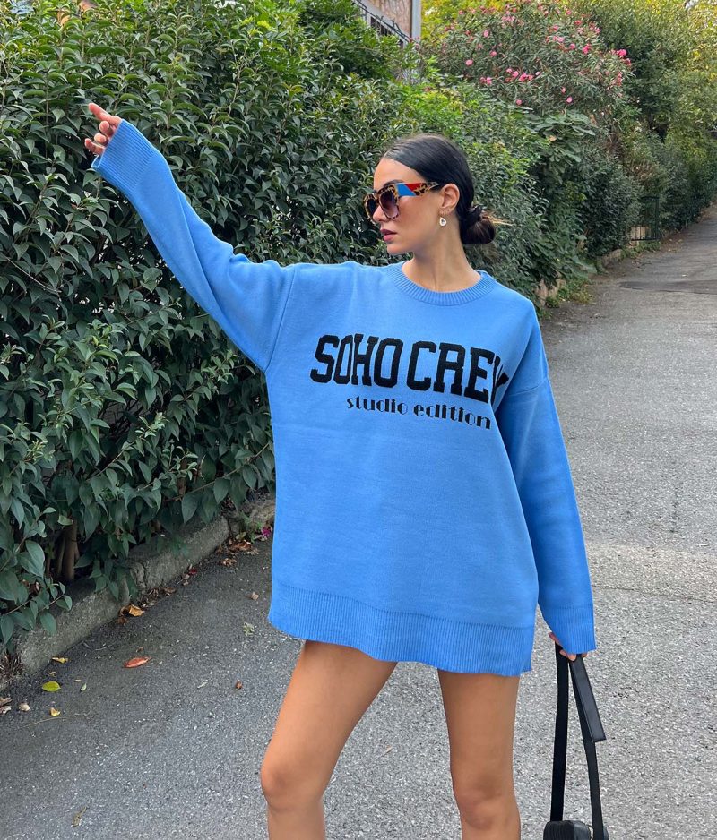 3187-Soho Crew Letter Graphic Drop Shoulder Knit Sweater - Görsel 2