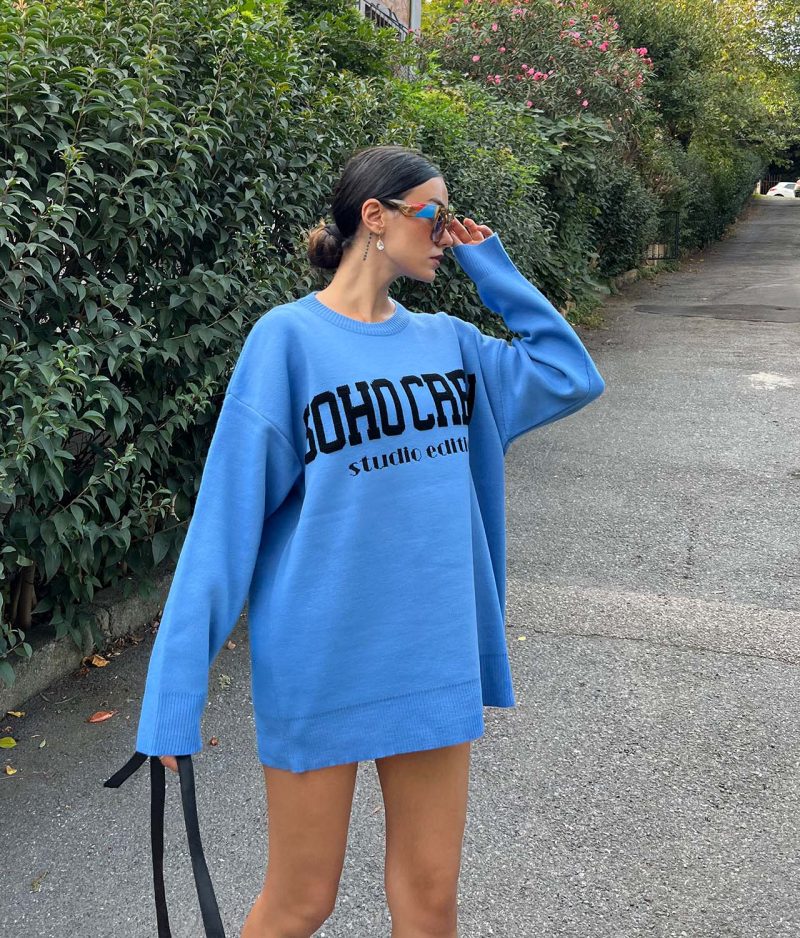 3187-Soho Crew Letter Graphic Drop Shoulder Knit Sweater