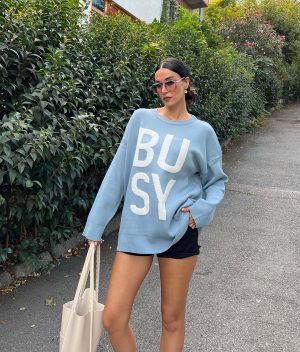 3188-Busy Letter Graphic Drop Shoulder Knit Sweater
