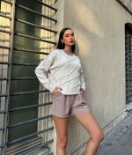75101-Asymmetrical Textured Sweater - Crew Neck, Long Sleeve
