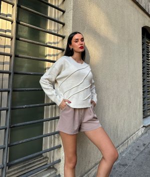 75101-Asymmetrical Textured Sweater - Crew Neck, Long Sleeve