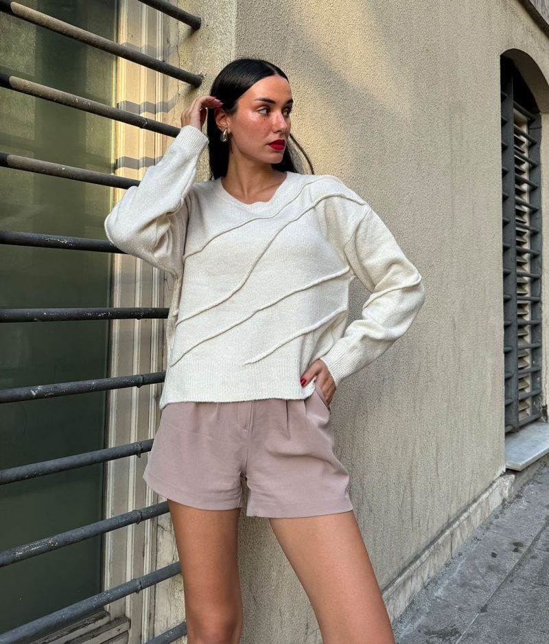 75101-Asymmetrical Textured Sweater - Crew Neck, Long Sleeve - Görsel 3