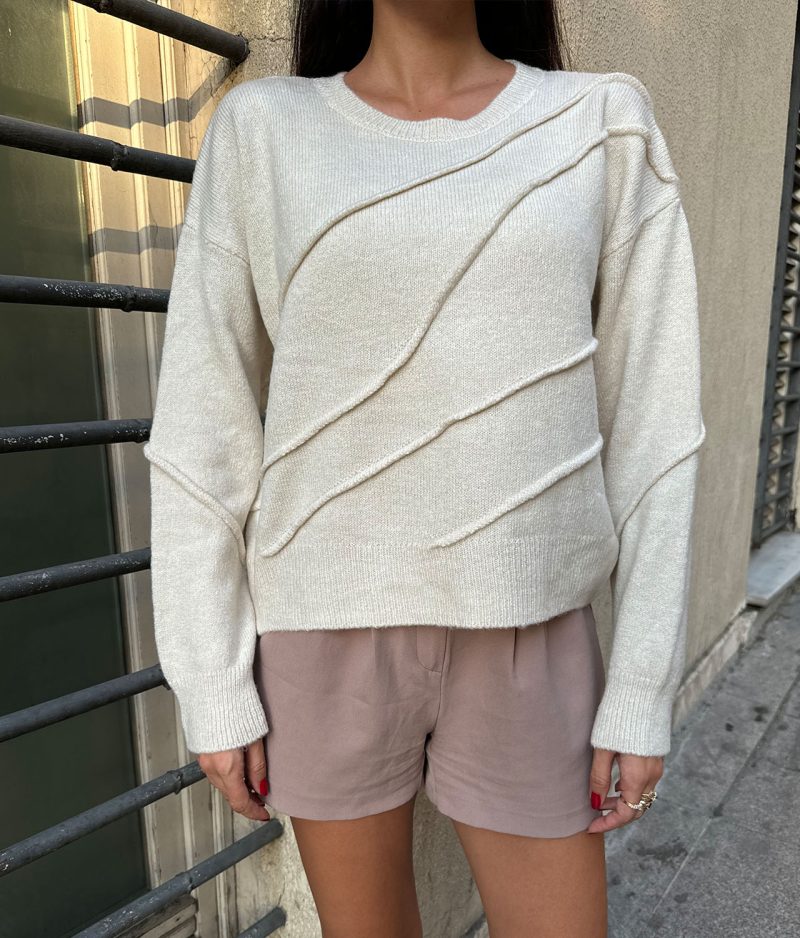 75101-Asymmetrical Textured Sweater - Crew Neck, Long Sleeve - Görsel 4