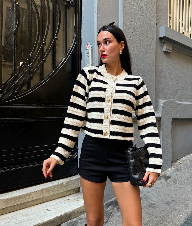 75105-Striped Button-Front Cardigan - Crew Neck, Long Sleeve - Görsel 3
